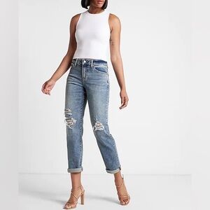 Express Mid Rise Medium Wash Ripped Boyfriend Jeans